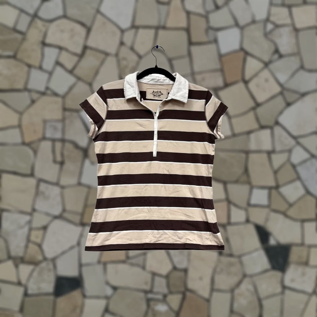 Vintage Wear It Declare It Striped Polo Shirt Womens Regular Brown & White Short Sleeve X Size Size XL / US 12-14 / IT 48-50 - 1 Thumbnail