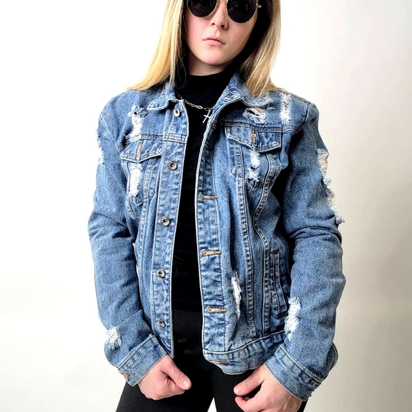 Shein Ripped Faded Wash Denim Jean Trucker Jacket - L Size L / US 10 / IT 46 - 2 Thumbnail