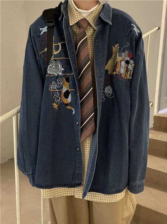 Retro y2k fashion animal embroidered denim shirt aesthetic