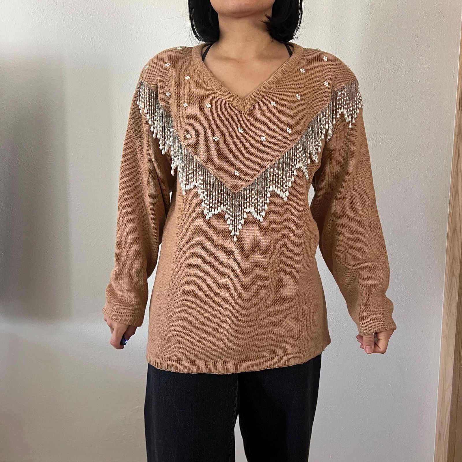 Vintage Vtg 80s beaded caramel knit pullover sweater cotton Medium Size M / US 6-8 / IT 42-44 - 4 Thumbnail