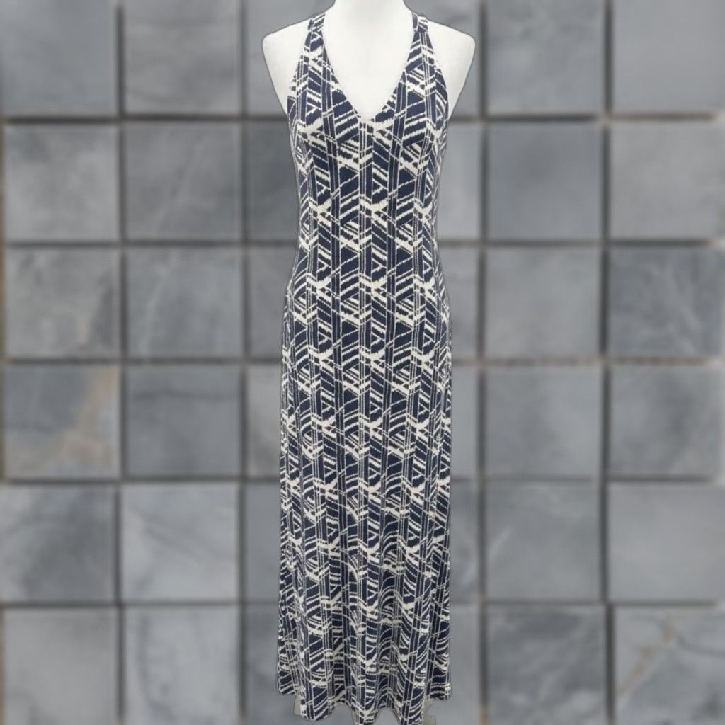 Vintage Tart Maxi Dress Women L Blue White Geometric Print Sleeveless Open Back Geometric Print Maxi Dress Women L Blue White Sleeveless Open Back Size L / US 10 / IT 46 - 1 Thumbnail