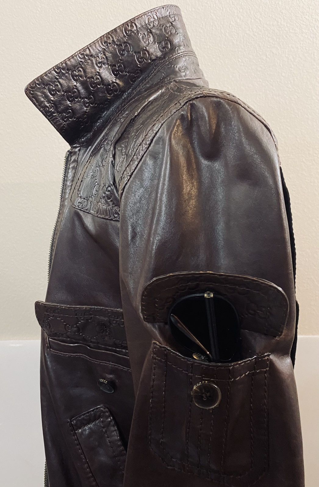 Gucci Gucci x Tom Ford 🇮🇹 Mocha Leather GG Allover Bomber Jacket 52 Size US L / EU 52-54 / 3 - 7 Thumbnail