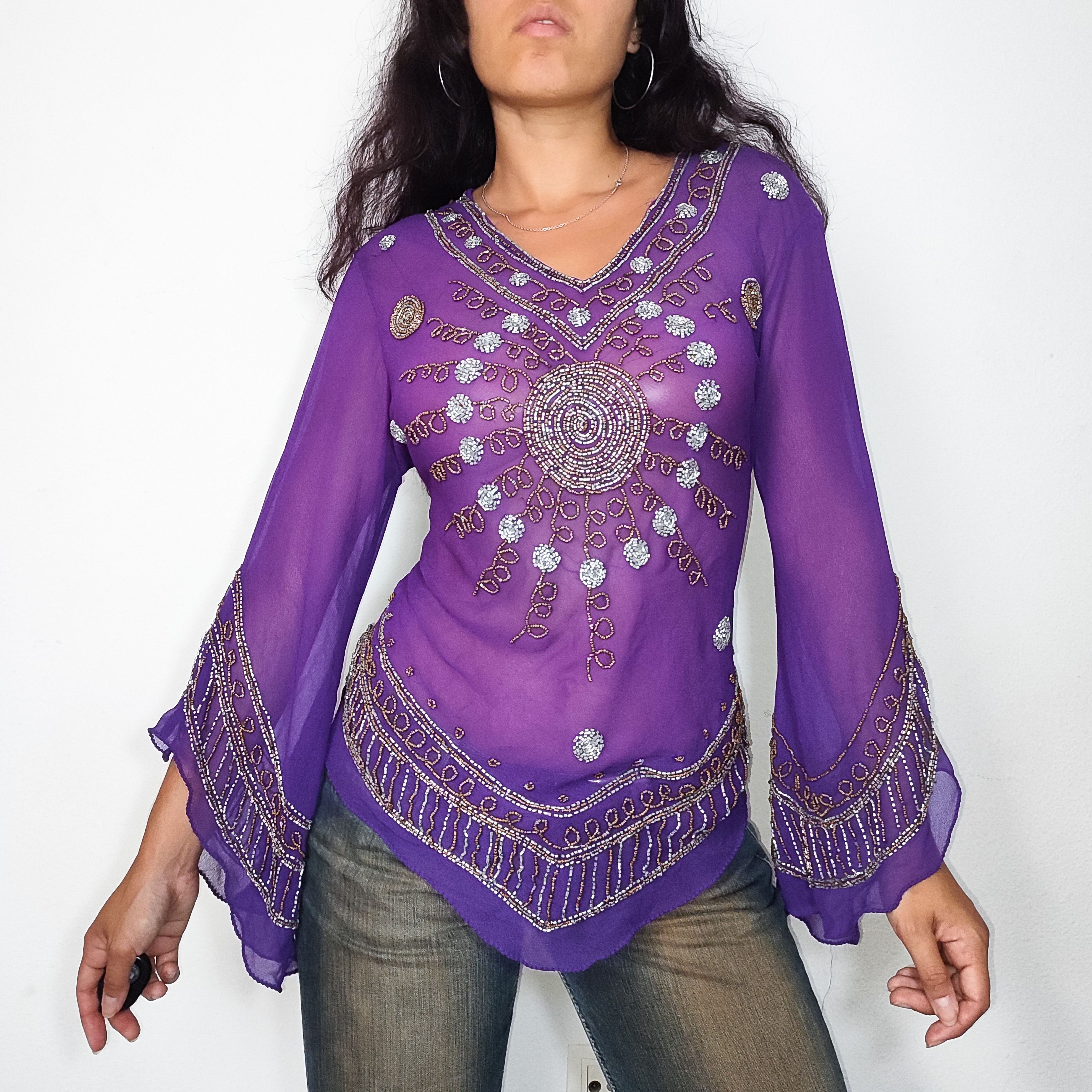 Vintage Y2k Vintage Ethereal Purple Shear Tunic Top with Beads Size L / US 10 / IT 46 - 3 Thumbnail