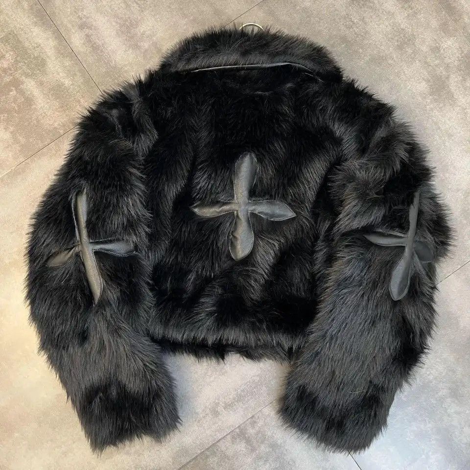 Designer Fluffy Winter Faux Fur Coat Jacket Gothic style with cross Size ONE SIZE - 1 Thumbnail