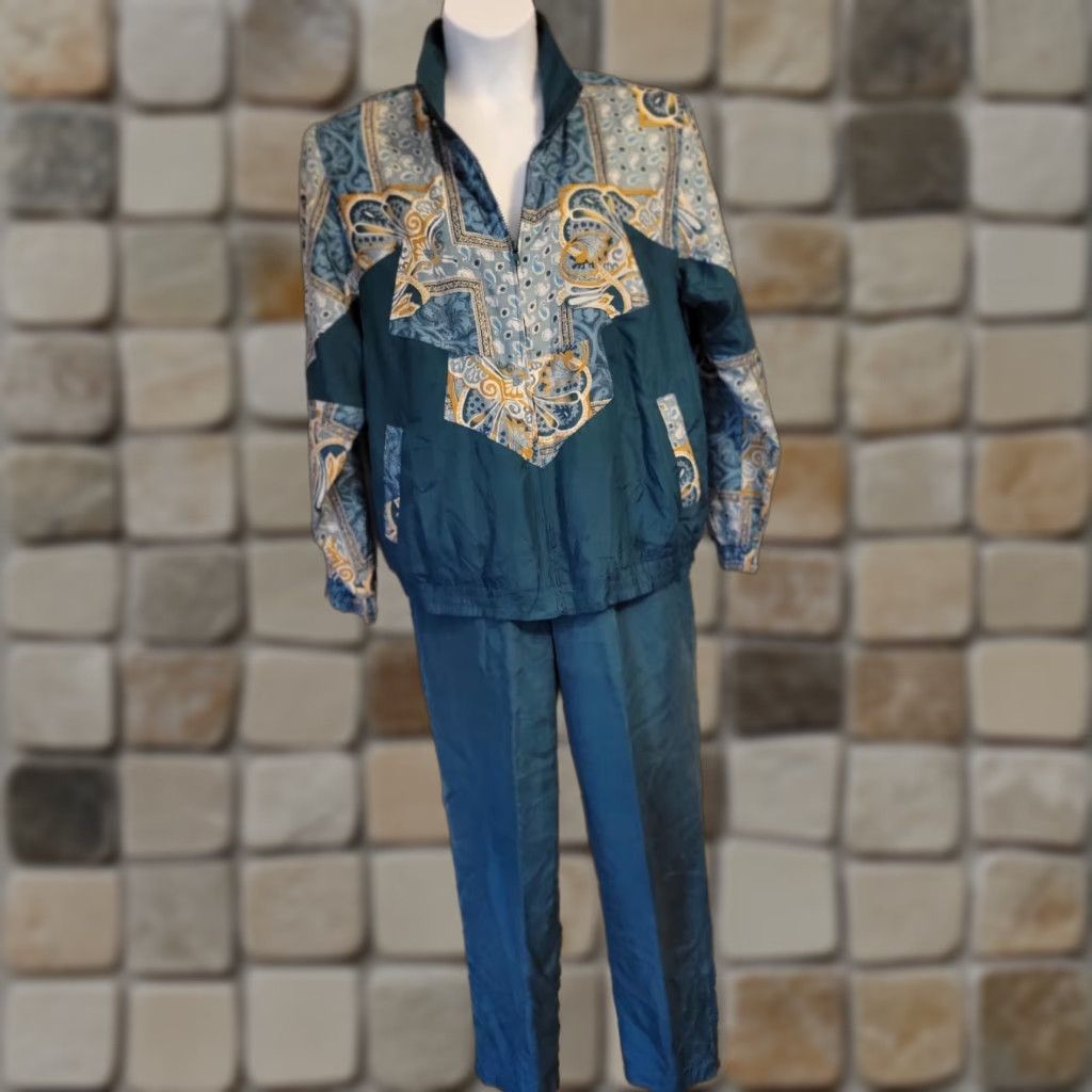 Vintage VINTAGE Hunt Club 2 Pc Track Suit Teal Gold M Women's Silk EUC Jacket Pants 1980s Size 32" / US 10 / IT 46 - 1 Thumbnail