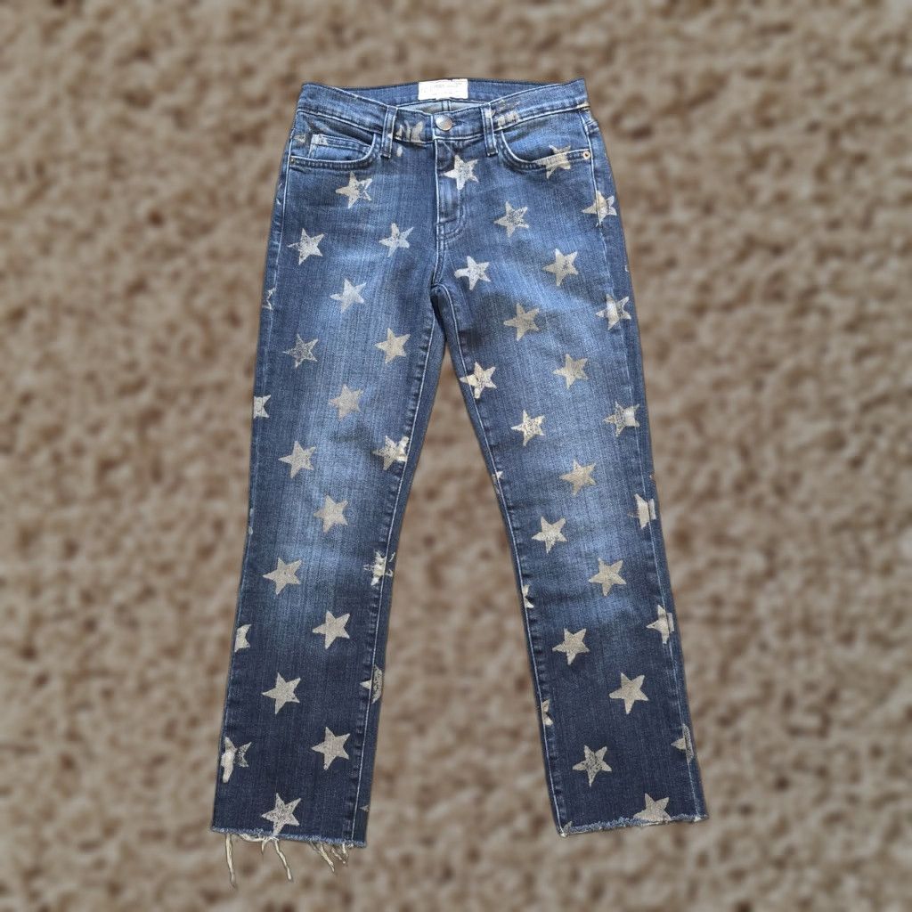 Vintage Current/Elliott Jeans Womens Size 27 Blue Slim Cropped Straight Stars Raw Hem Jeans Size 27" / US 4 / IT 40 - 1 Thumbnail