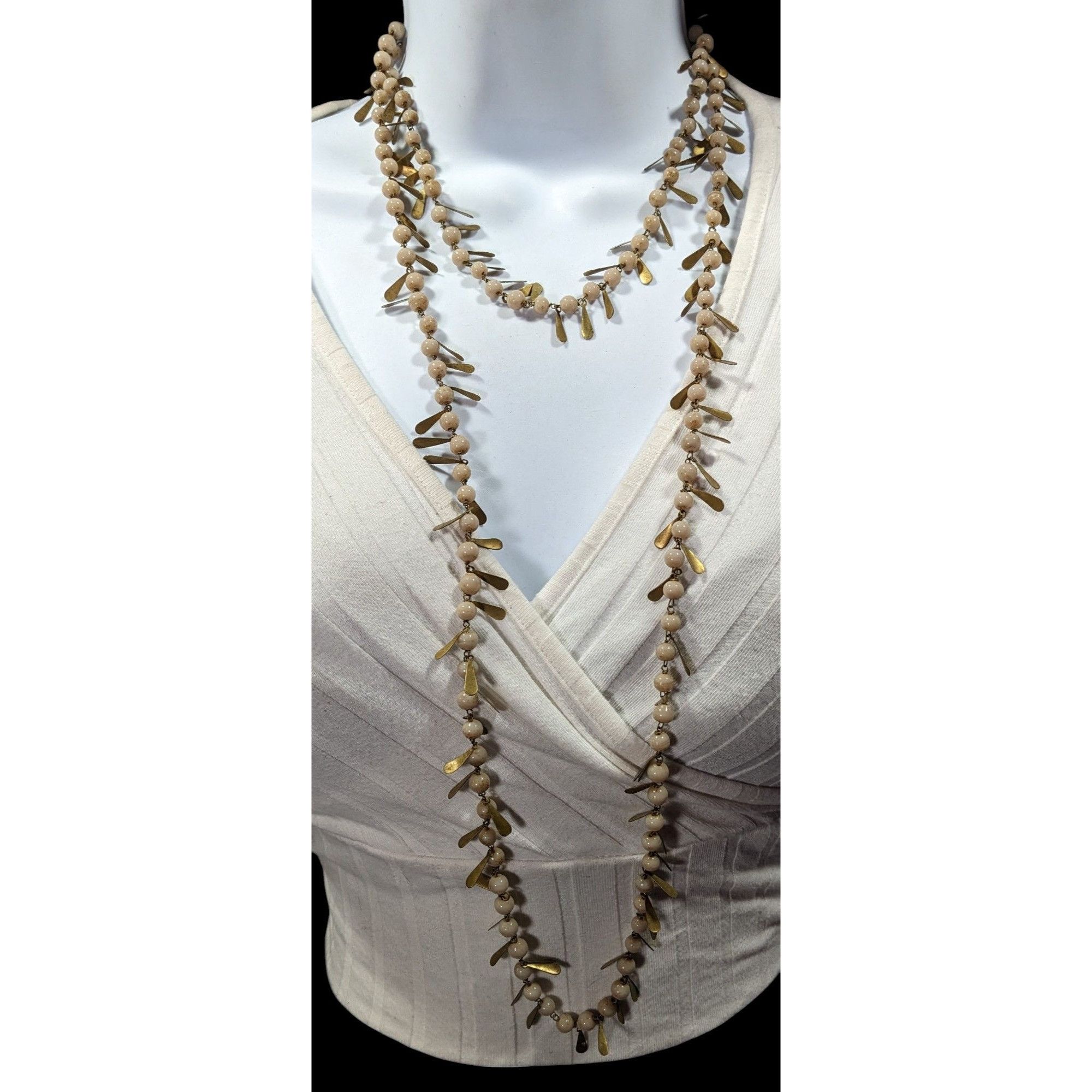 Other Vintage Unique Cream And Gold Tone Beaded Fringe Necklace Size ONE SIZE - 3 Thumbnail