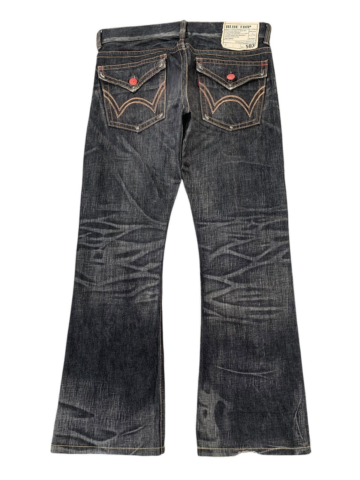 Edwin RARE💥EDWIN 503 FLARE BLUE TRIP CLAWNMARK MUDWASH DENIM Size US 35 - 3 Thumbnail