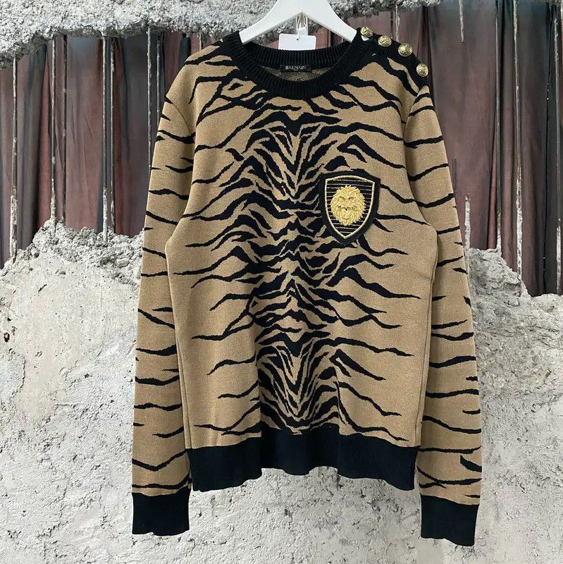 Balmain Balmain Men's Winter Khaki Tiger Sweater 0089 Size US L / EU 52-54 / 3 - 1 Thumbnail