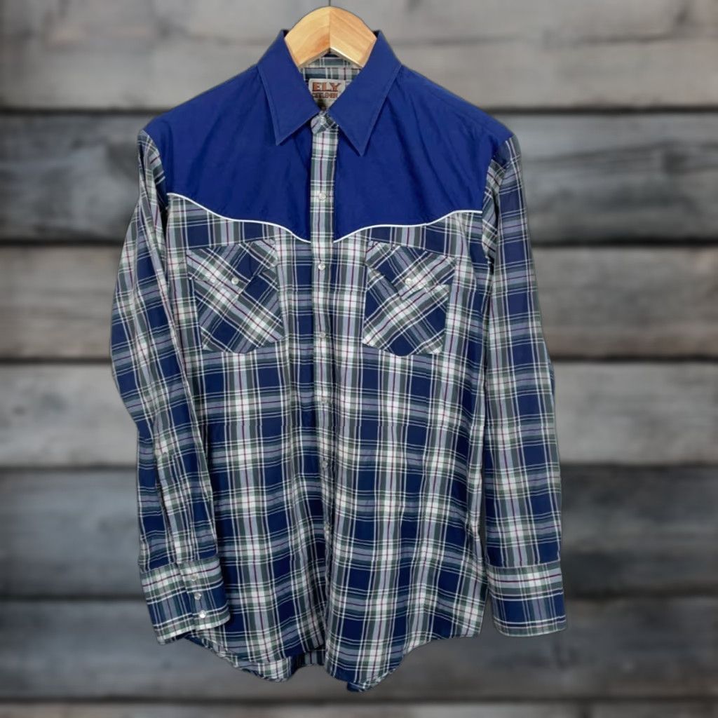 Vintage Ely Cattleman Western Shirt Men Large Plaid Lightweight Pearl Snap Rockabilly Two Tone Blue Size US L / EU 52-54 / 3 - 1 Thumbnail