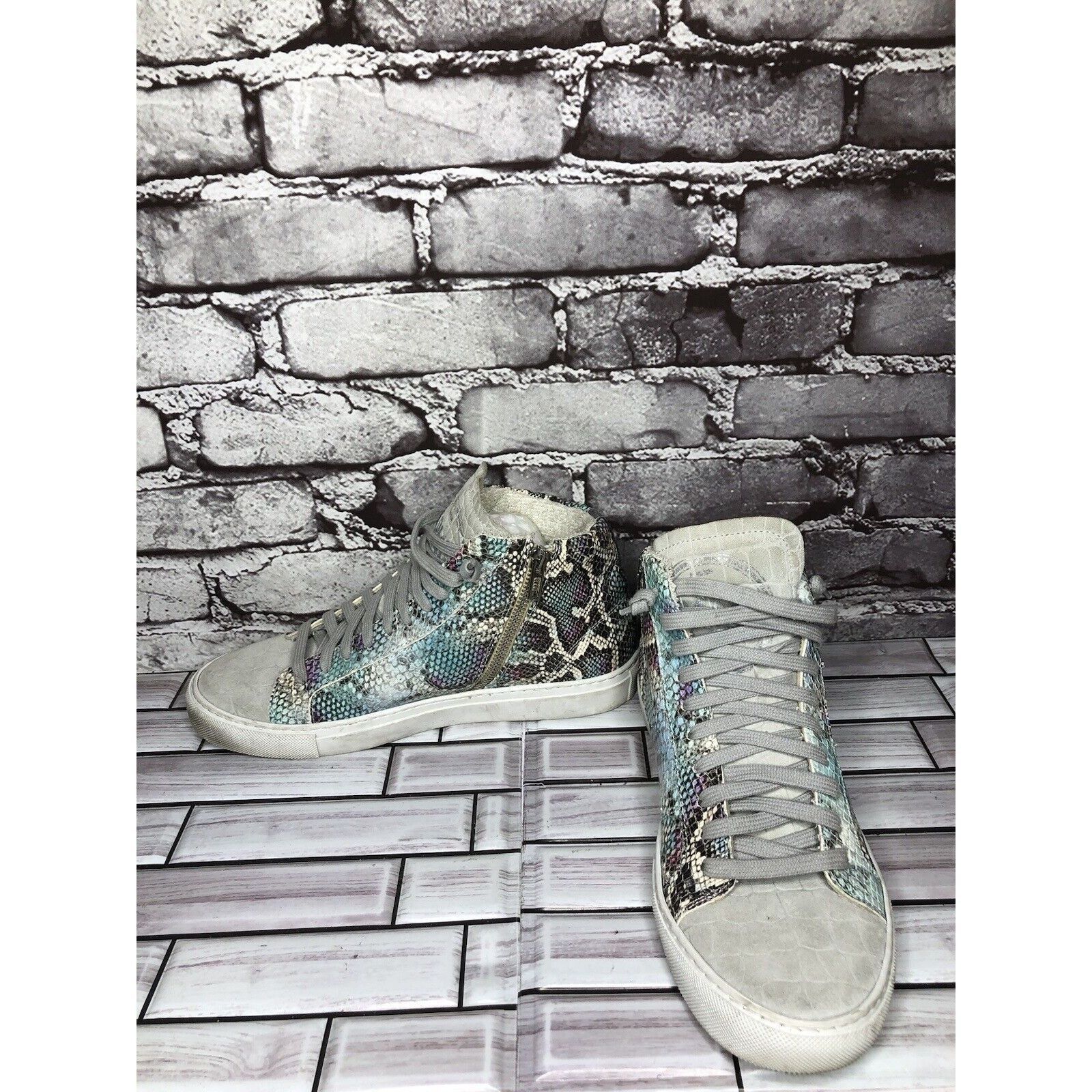 P448 P448 Blue Leather Snake Lace Up Casual Side Zip High Top Sne Size US 8.5 / IT 38.5 - 8 Thumbnail