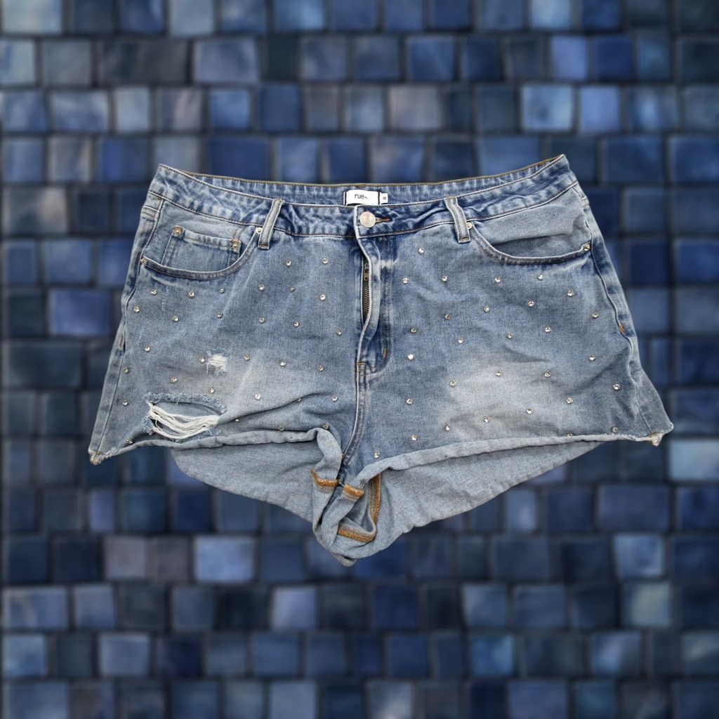 Vintage Rue 21 Diamonds Rhinestone Women's Blue Denim Jean Shorts Plus Size 18 Stretch Denim Shorts Rhinestone Blue 18 Womens Rue21 Size 40" / US 18 - 1 Thumbnail