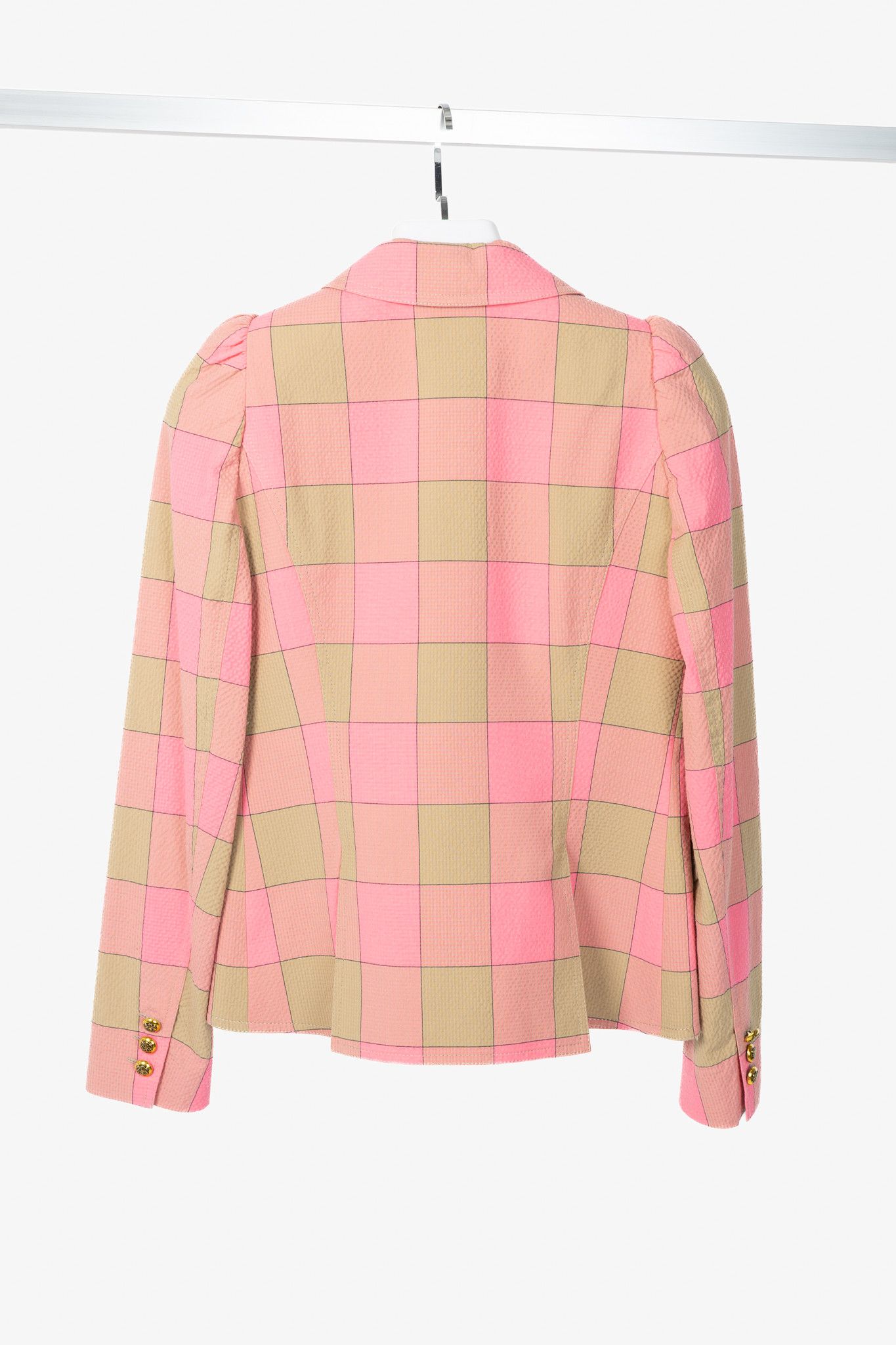 SMYTHE Smythe Pink Check Seersucker Pouf Sleeve One Button Blazer Size S / US 4 / IT 40 - 2 Thumbnail