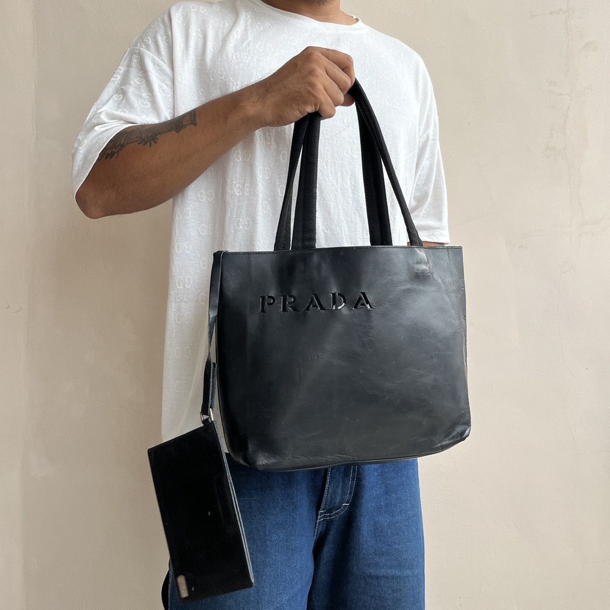 Vintage Prada Cut Out Leather Tote Bag