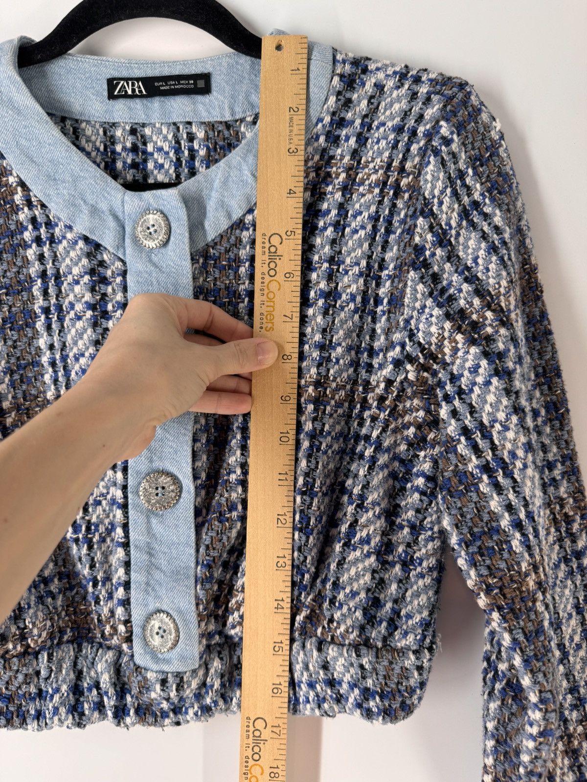 Zara ZARA Tweed Textured Crop Long Sleeve Denim Blue Blazer Size L / US 10 / IT 46 - 5 Thumbnail