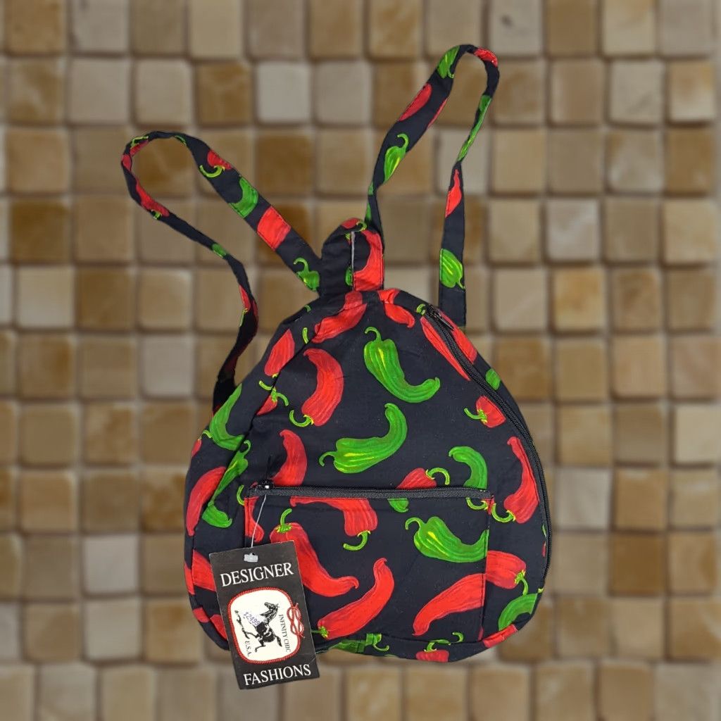 Vintage VINTAGE 80s Infinity Chic Black Sling Backpack Small Shoulder Bag Tropical Chili Pepper Ocean Retro Womens Size ONE SIZE - 1 Thumbnail