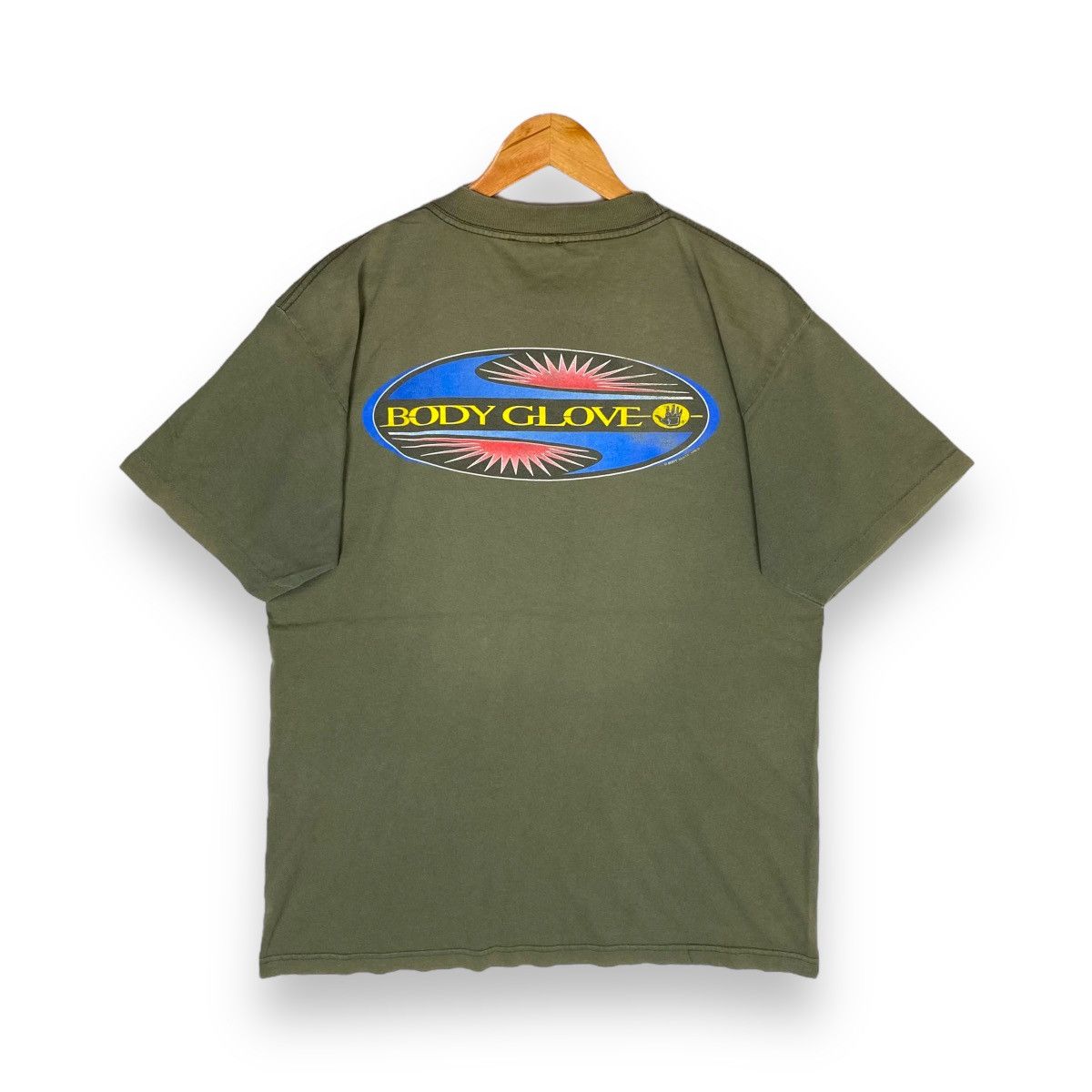 image of Vintage 1996 Body Glove Dive N' Surf Surfing Tee in Army Green, Men's (Size Large)