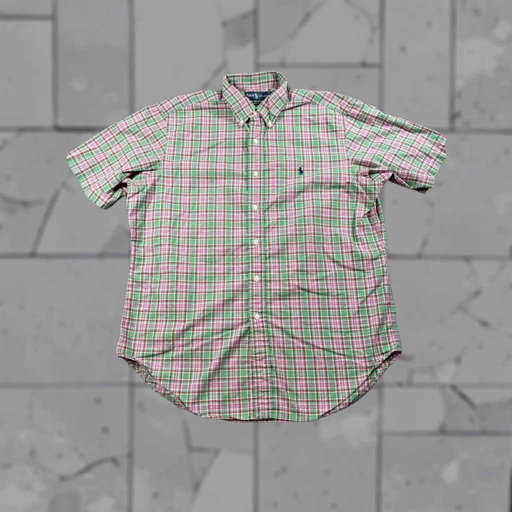 Polo Ralph Lauren Shirt Mens Large Green Plaid Cotton Short Sleeve Button Down, Men's