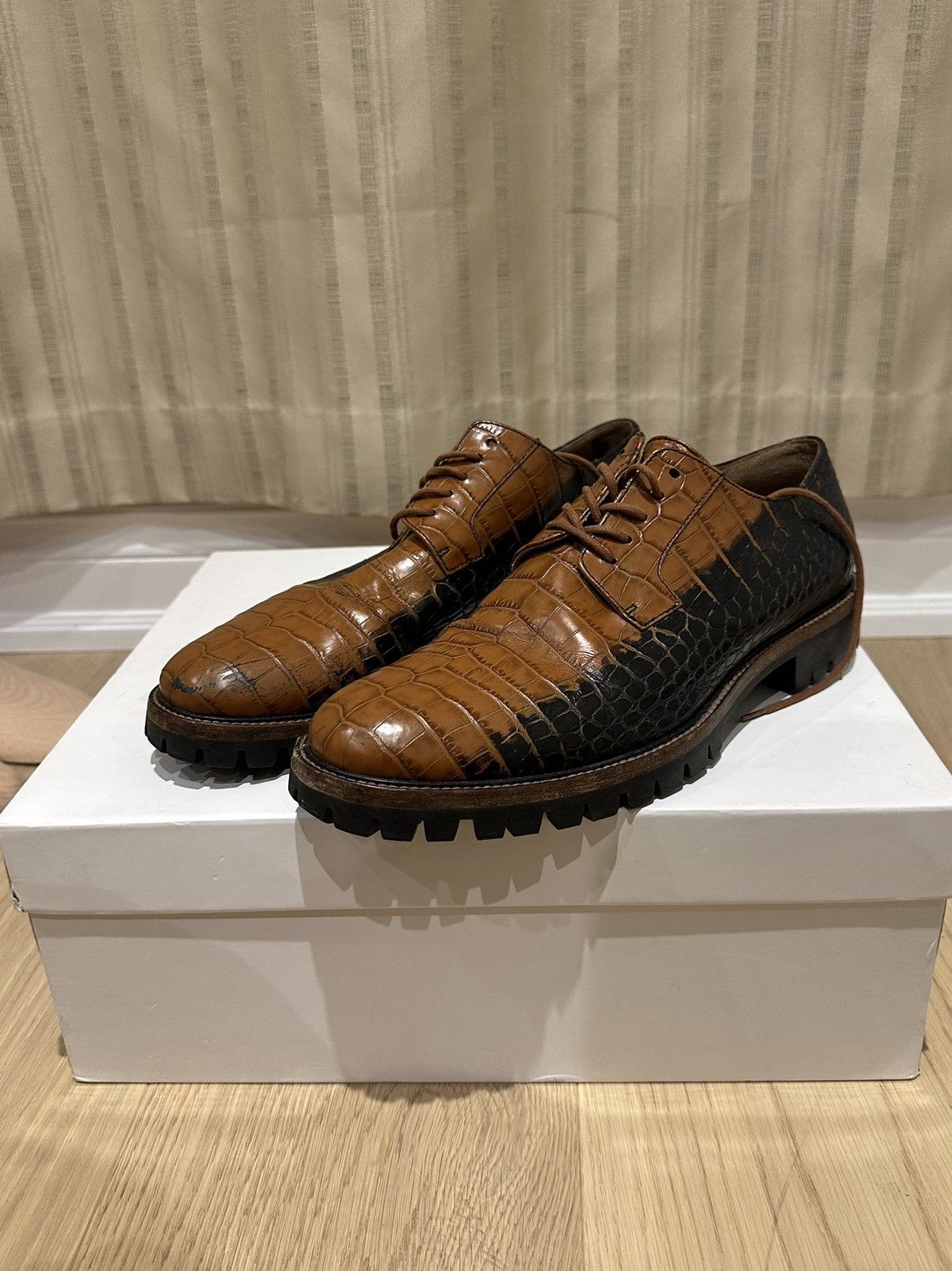 image of Dries Van Noten Crocodile Embossed Print Leather Derby Shoes in Brown, Men's (Size 8)