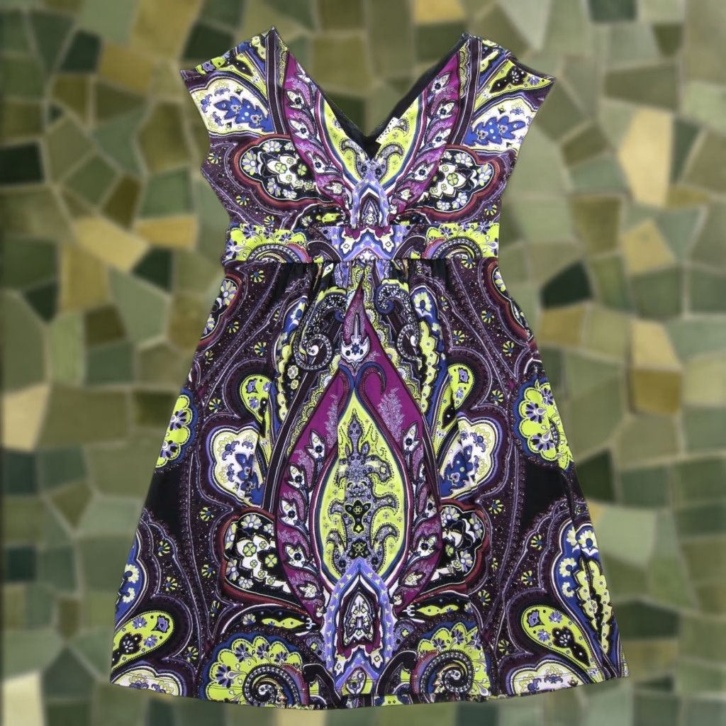 Vintage Ice Green Purple Floral Cap Sleeve V-Neck Empire Dress Woman 6 Size M / US 6-8 / IT 42-44 - 1 Thumbnail