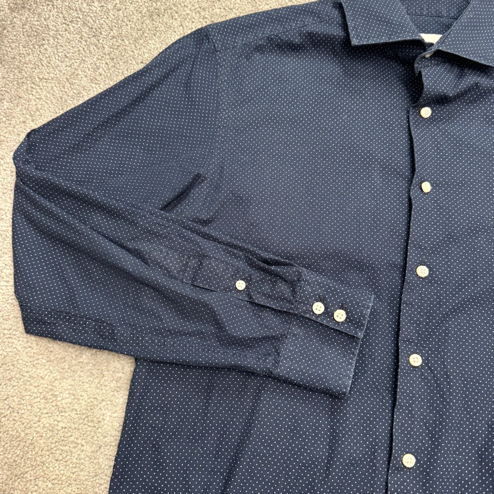 Ben Sherman Ben Sherman Dress Shirt Mens Slim Navy Blue Polka Dot 15.5 32/33 Long Sleeve Collared Button-Front Size 42R - 5 Thumbnail
