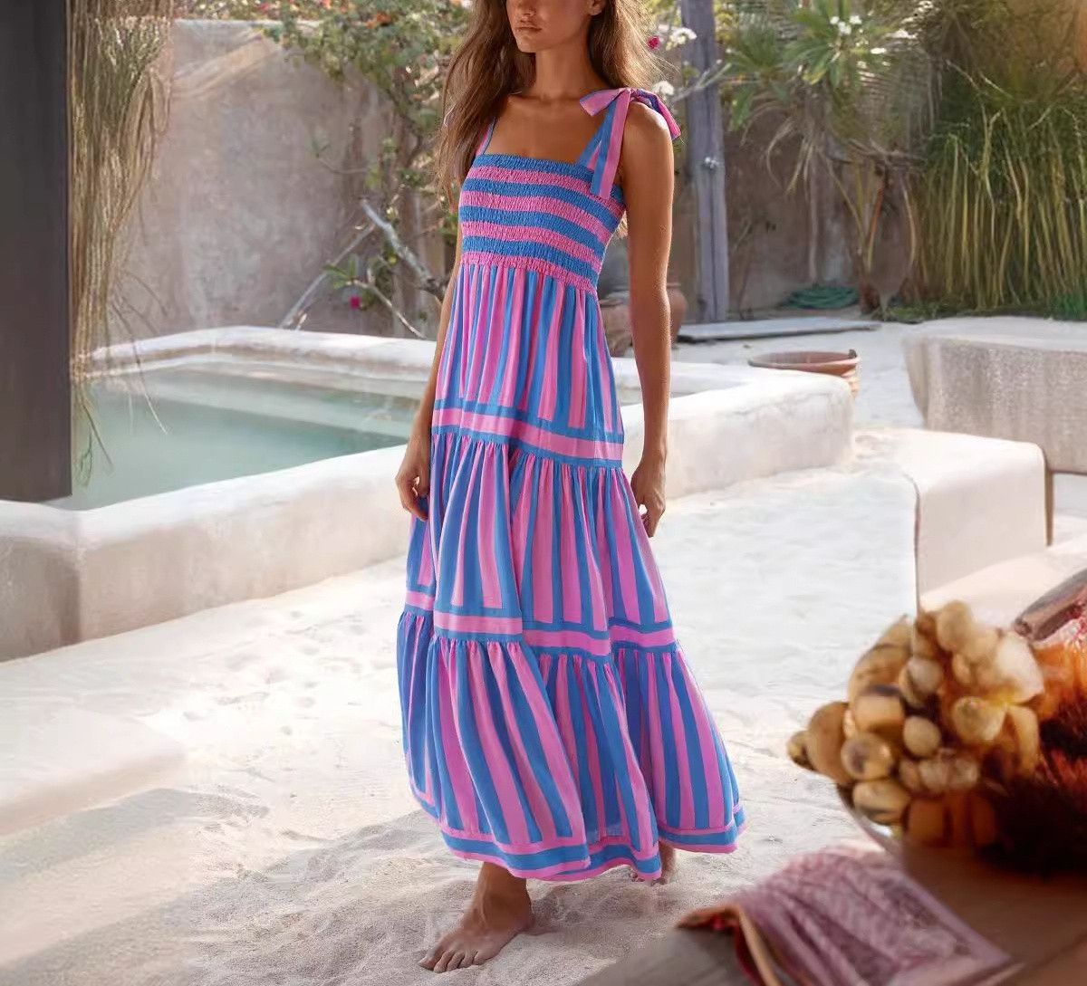 image of Vintage Summer Halter Pleated Casual Flowy Dress in Pink, Women's (Size Medium)