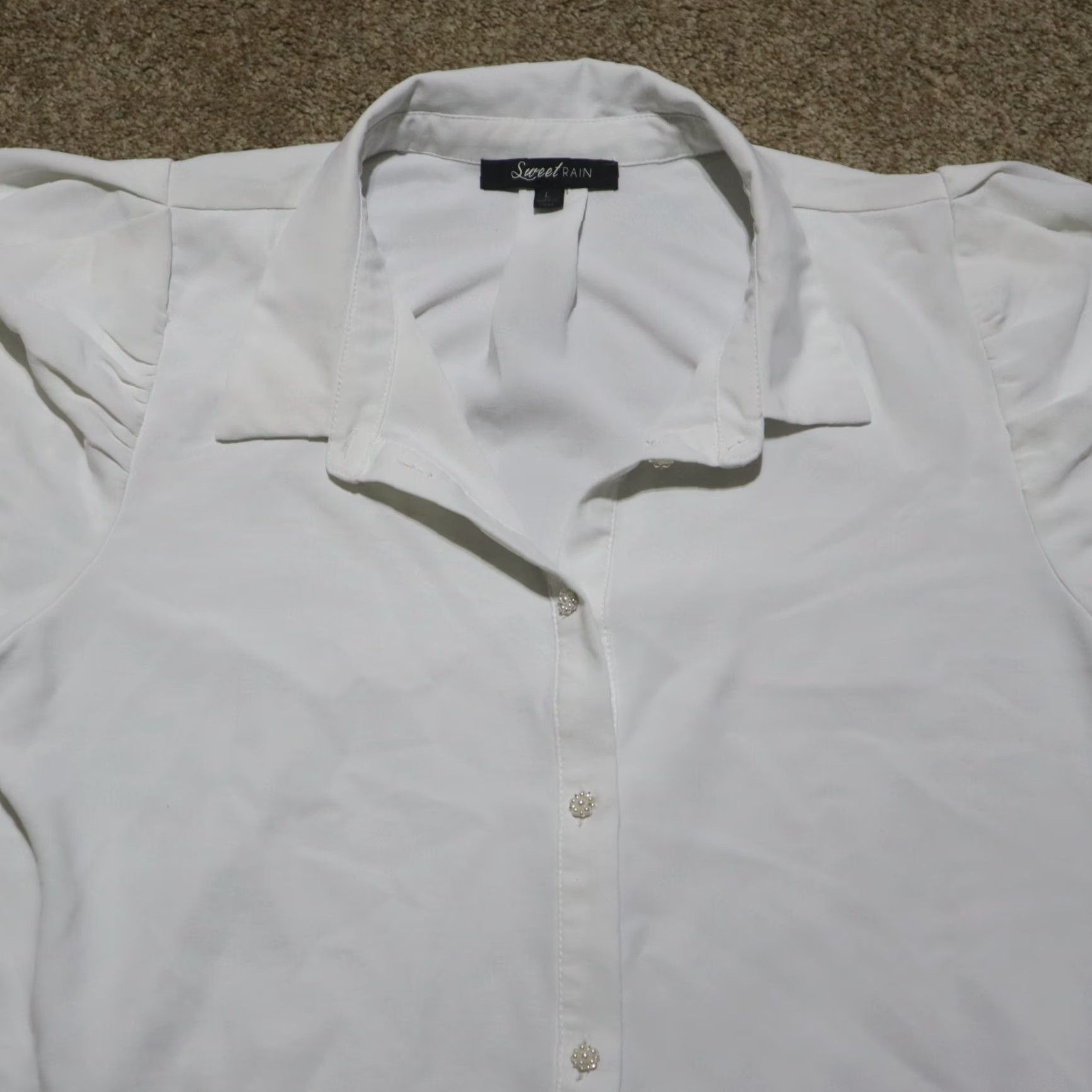Vintage Sweet Rain Button Up Shirt Solid White 3/4 Sleeve Square Shoulder Womens L Large Size L / US 10 / IT 46 - 2 Thumbnail