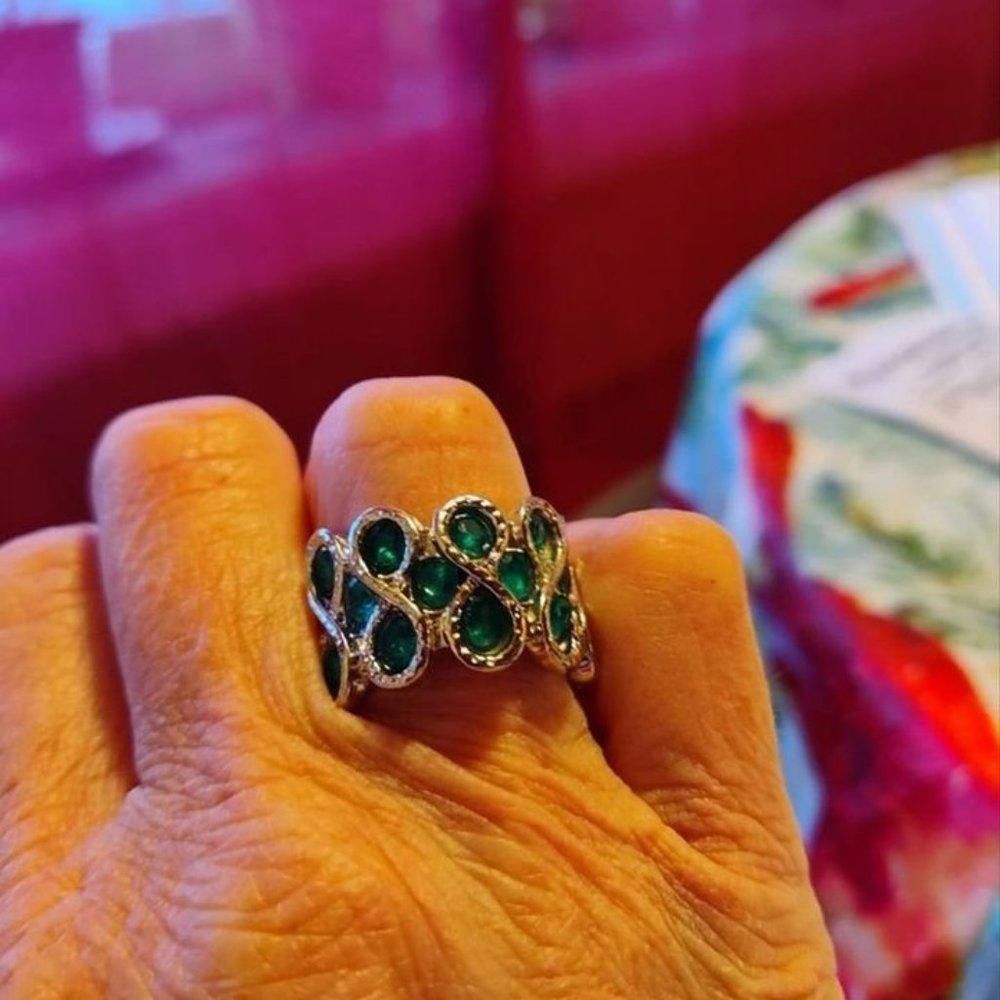 Designer Green Emerald & White Pear Weave Band Silver Ring - Size 7 Size ONE SIZE - 6 Thumbnail