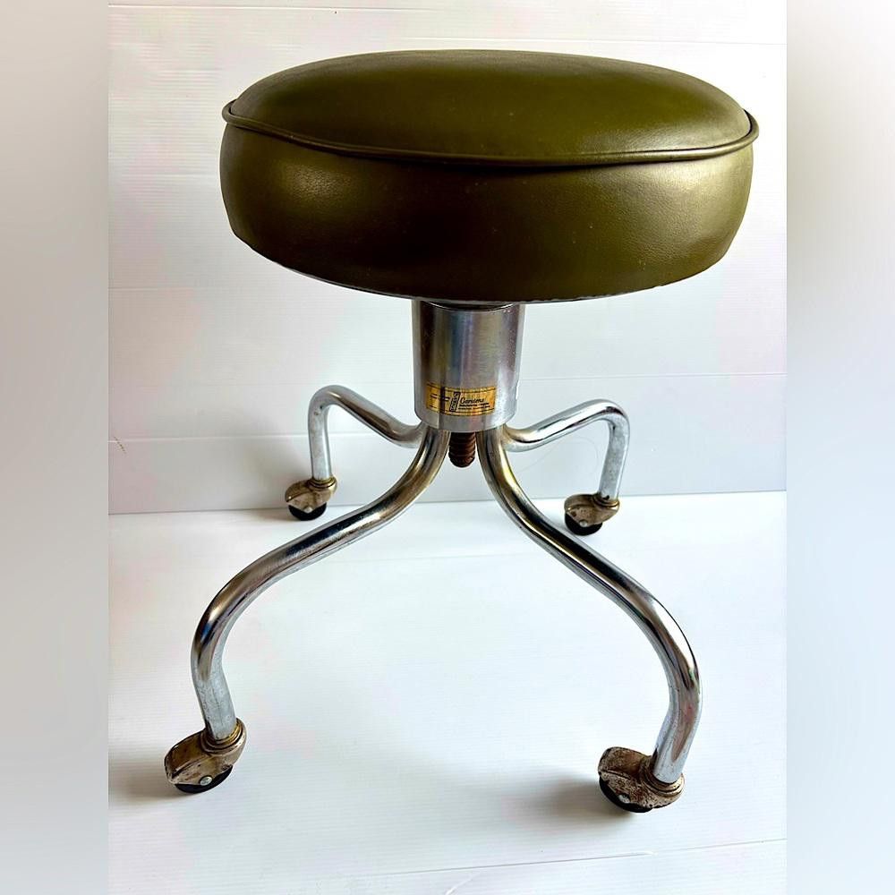 Vintage 1961 Green Rolling Chrome Adjustable Stool Chair