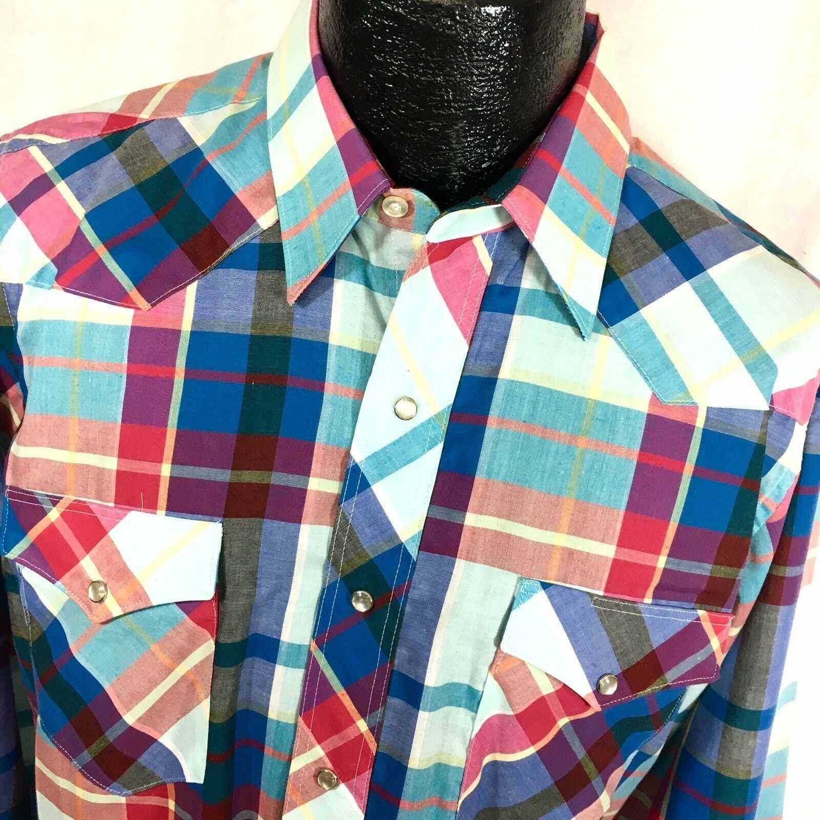 Wrangler NoS New Vtg Wrangler Aqua Blue Plaid ROCKABILLY Shirt Size US L / EU 52-54 / 3 - 1 Thumbnail