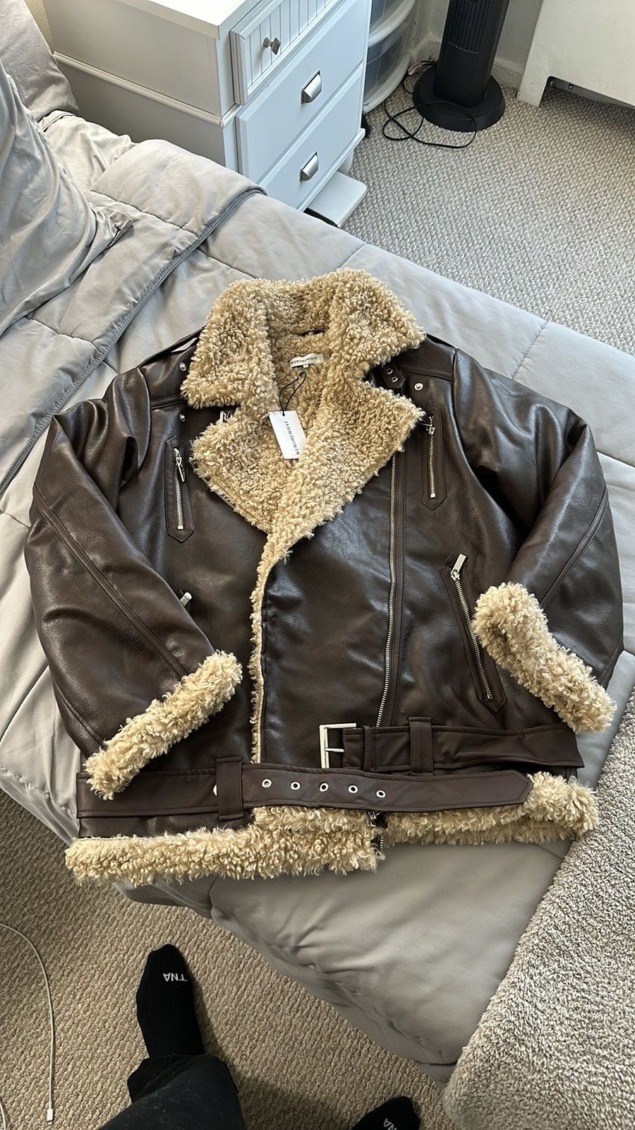 image of We Wore What Weworewhat Oversized Sherpa Moto Jacket in Brown, Women's (Size Medium)