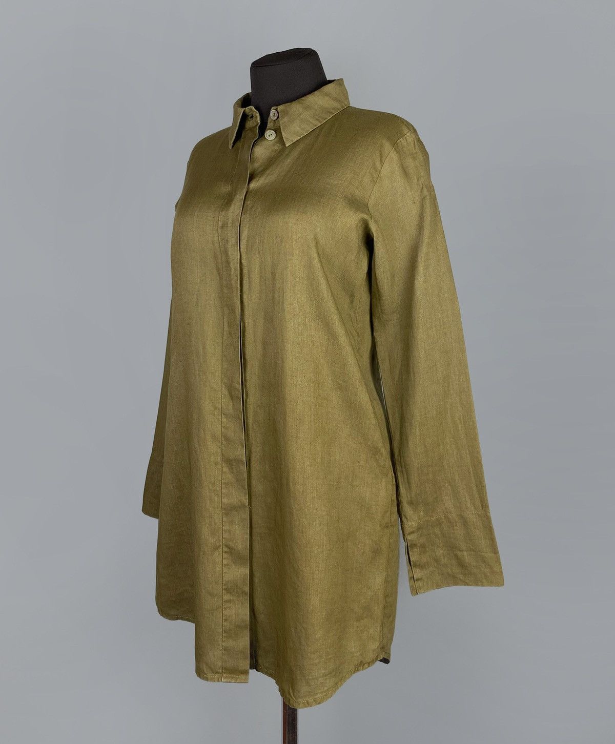Vintage Women's KATHARINA HOVMAN 100% Linen LS Khaki Shirt US 6 Size M / US 6-8 / IT 42-44 - 3 Thumbnail
