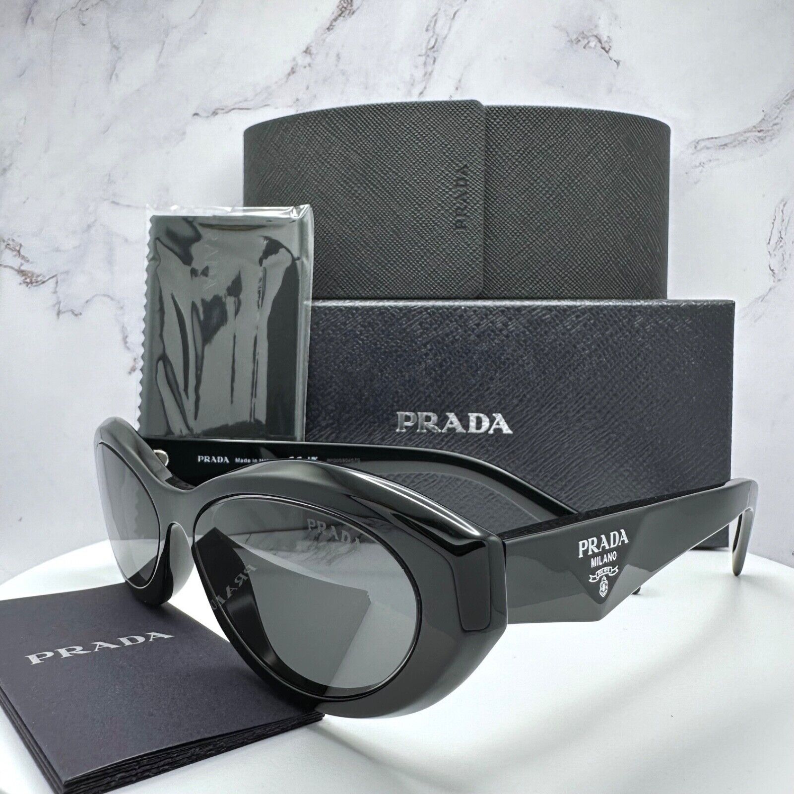 New Prada Sunglasses Black Acetate Symbole Logo Slim