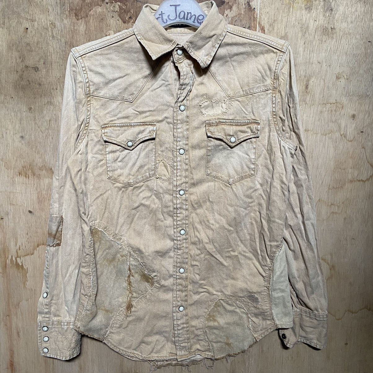 image of Distressed Polo Ralph Laurent Patchwork Shirt in Beige, Men's (Size XS)