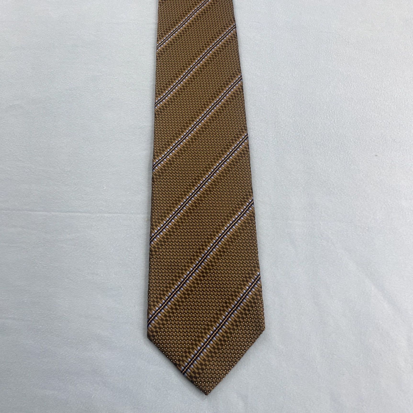 Vintage VINTAGE XMI Designer Tie Men Silk 100% Silk Hand Made Classic 57"-60" Brown Gold Black Blue Geometric Striped Accents Executive Wide 1990s USA Mens Size ONE SIZE - 2 Thumbnail