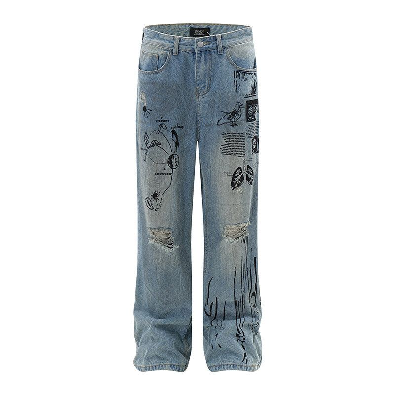 Jean American retro graffiti print ripped jeans for men Size US 32 / EU 48 - 1 Thumbnail