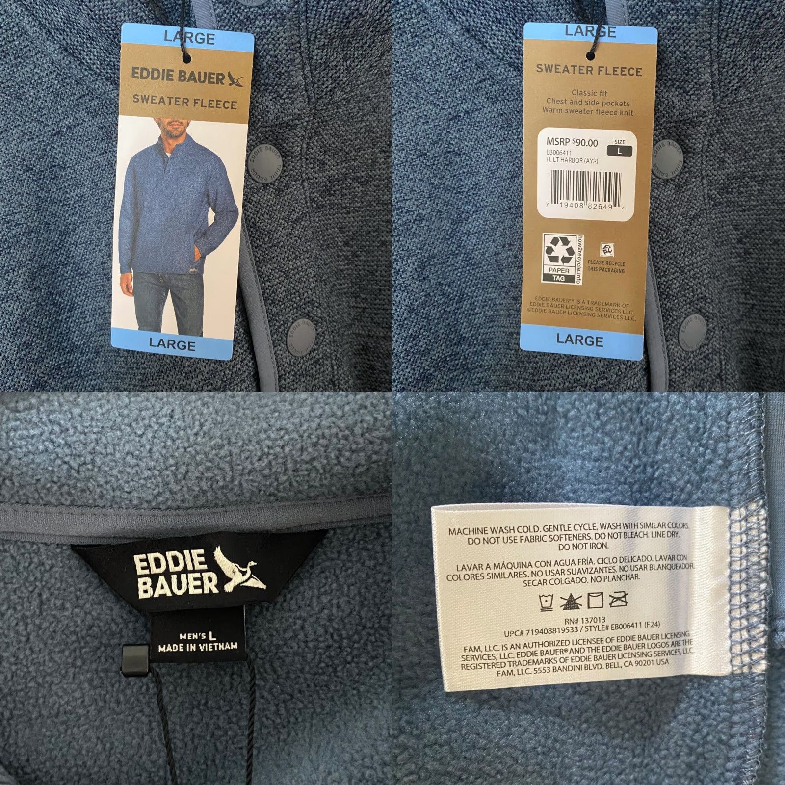 Eddie Bauer Eddie Bauer Fleece Quarter-Snap Sweater Blue Mens Large Long-Sleeve Pullover New Size US L / EU 52-54 / 3 - 8 Thumbnail