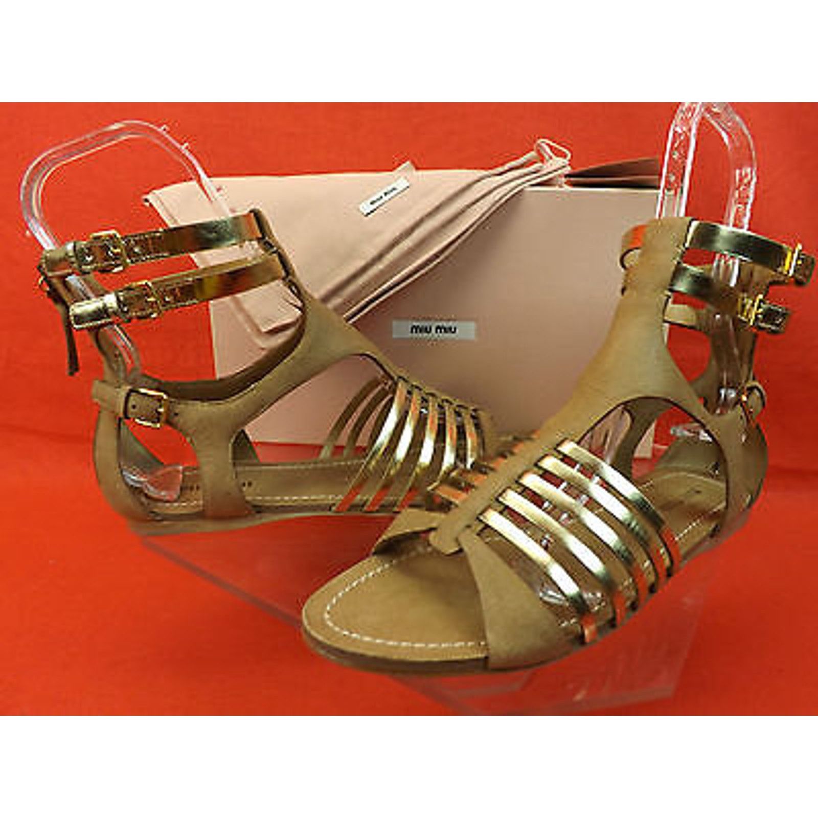 Miu Miu CAMEL GOLD LEATHER BACK ZIP GLADIATOR FLATS SANDALS 35.5 Size US 5.5 / IT 35.5 - 3 Thumbnail