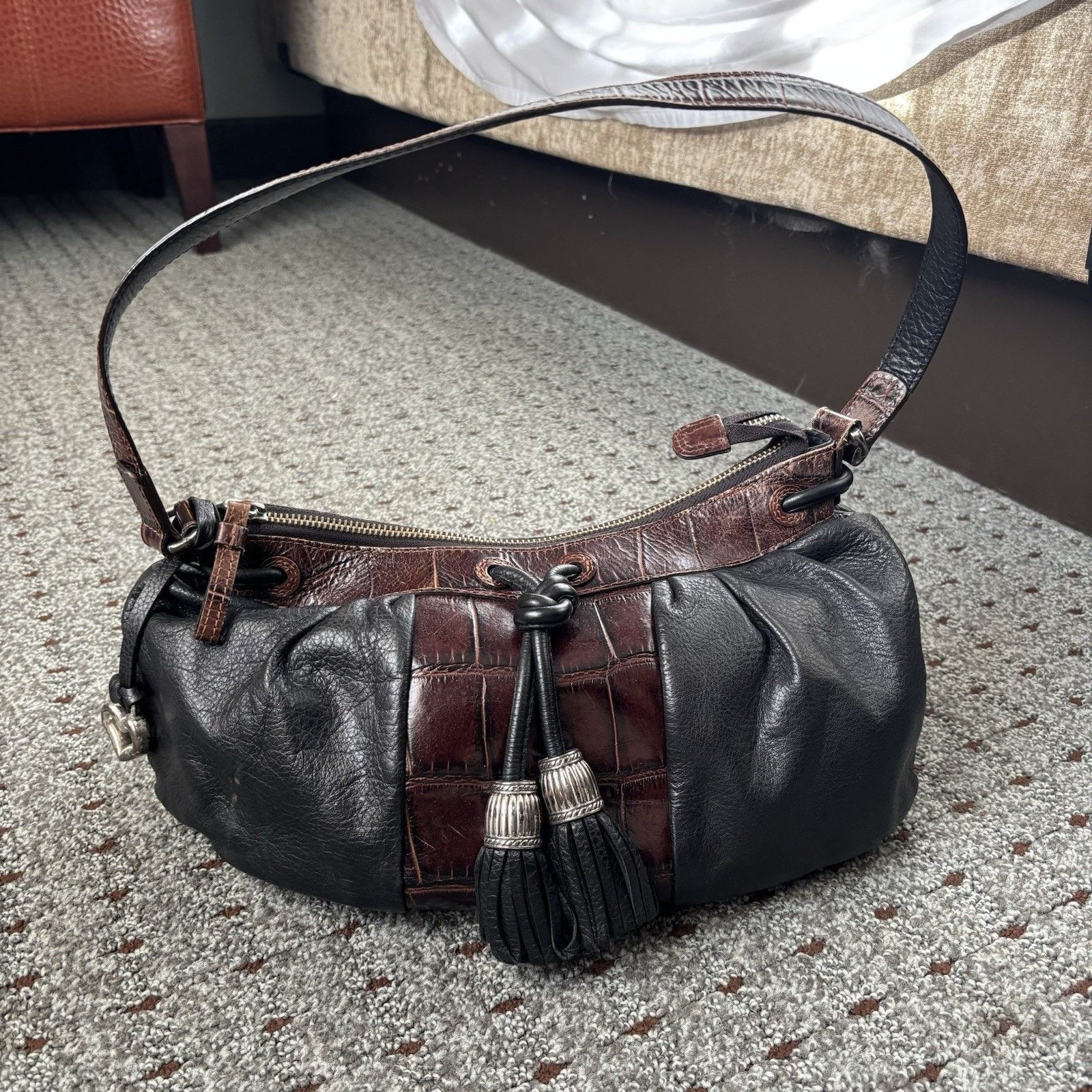 Brighton Vtg Brighton Black Brown Leather Croc Emboss Shoulder Bag Size ONE SIZE - 4 Thumbnail