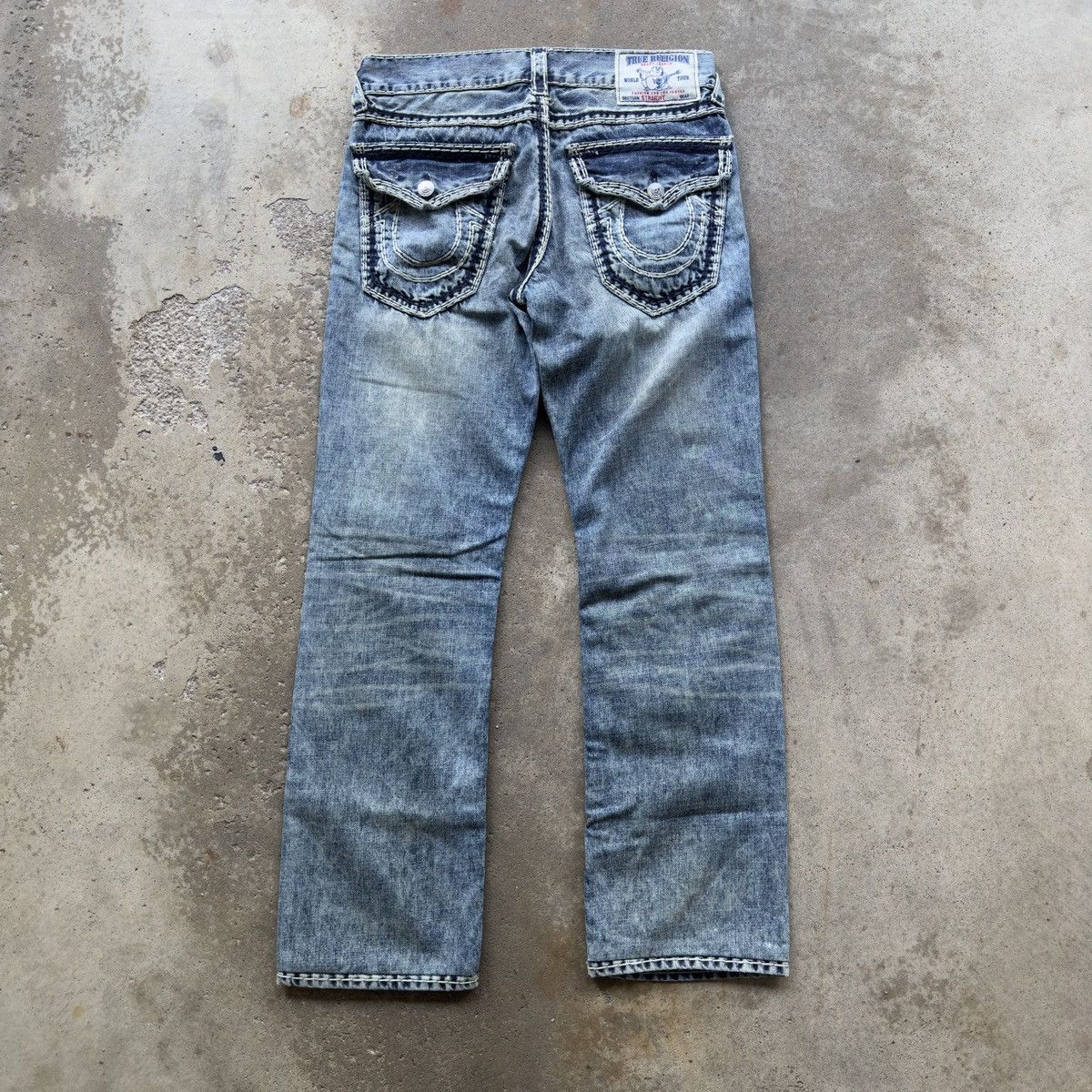 image of True Religion Distressed Faded Contrast Stitch Denim Jeans in Blue, Men's (Size 33)