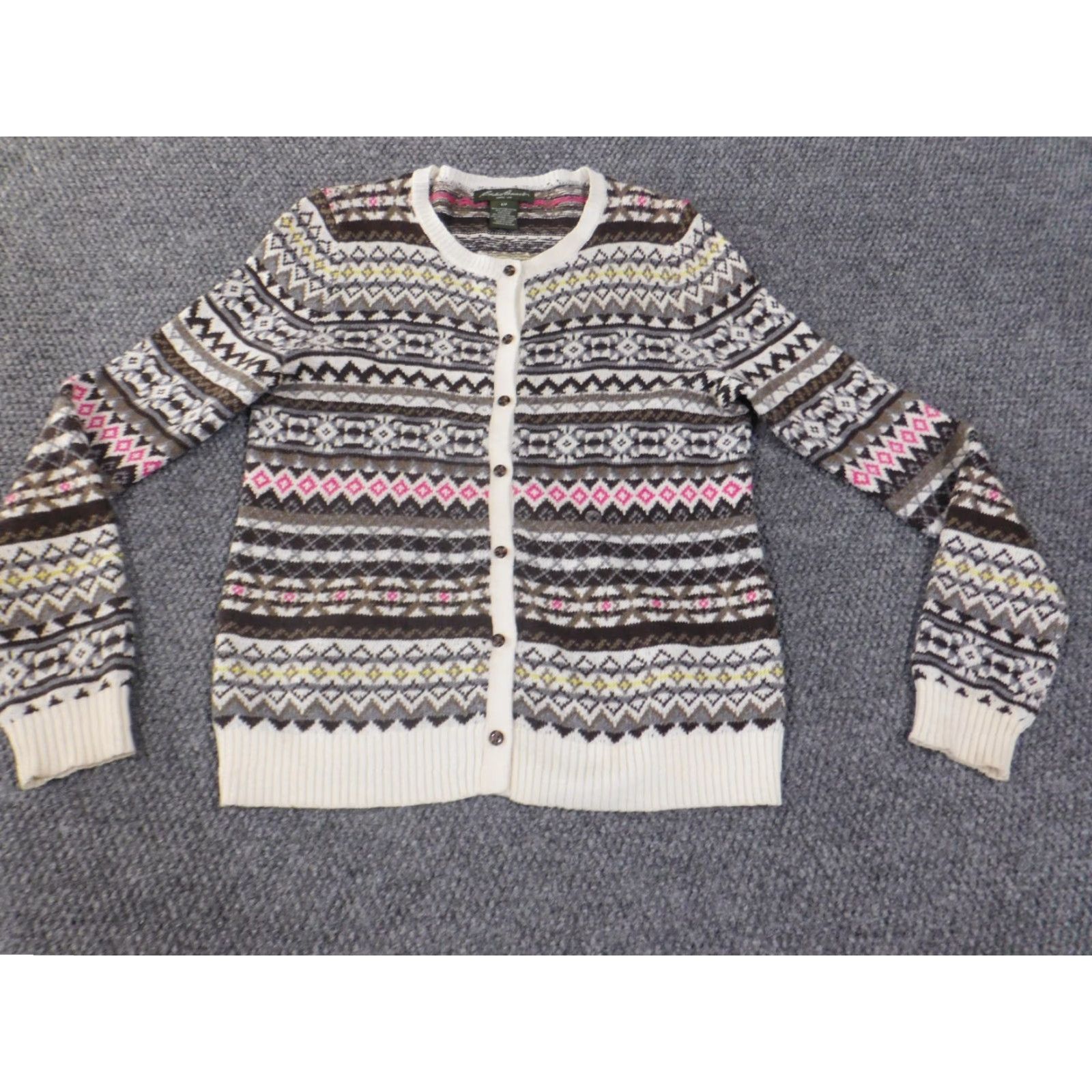 Eddie Bauer Eddie Bauer Sweater Womens S Brown Geometric Cardigan Knit Wool Cable-Knit Crew Neck Long Sleeve Raglan Vintage No Pattern: Geometric Size S / US 4 / IT 40 - 7 Thumbnail