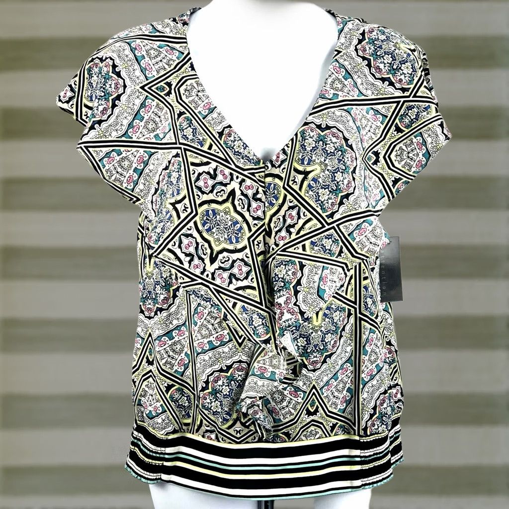 Vintage NWT Attention Silky Top XS Multi Geo Flutter Sleeve Smocked 2000s Y2K Size XS / US 0-2 / IT 36-38 - 1 Thumbnail