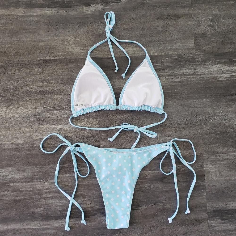 Designer Light Blue Pink Polka Dot Zaful Bikini Set Size ONE SIZE - 2 Thumbnail