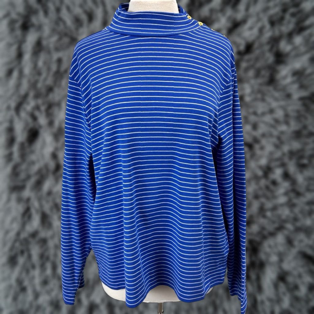 J.Crew VINTAGE J. Crew Mock Turtleneck Shirt 3X Plus Womens Long Sleeve Blue Striped Gold Buttons Casual Autumn Winter Spring Size XXL / US 16-18 / IT 52-54 - 1 Thumbnail