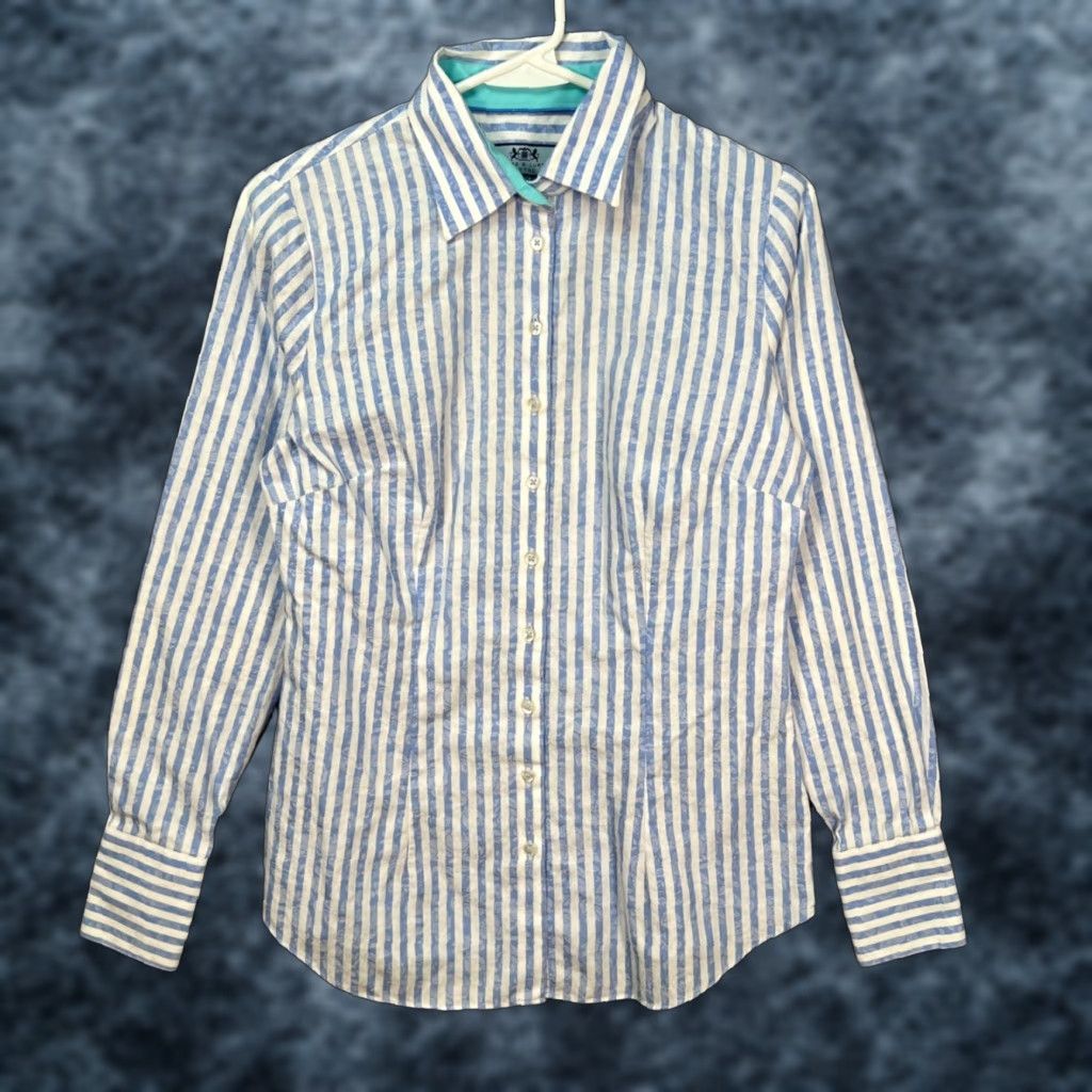 Vintage Hawes & Curtis Womens Size 10 UK Blue & White Striped Fitted Button-Down Shirt Ladies Casual Shirt Size L / US 10 / IT 46 - 1 Thumbnail