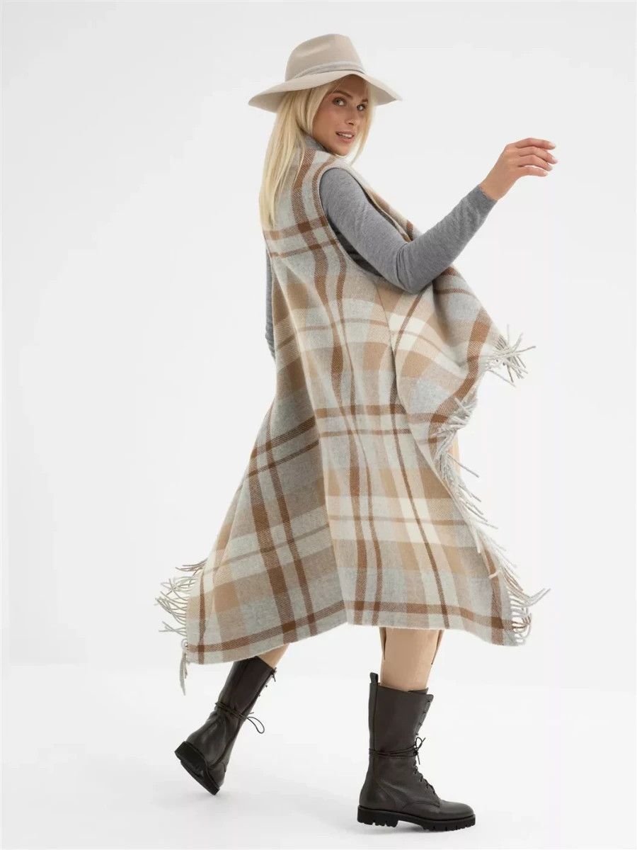 Fabiana Filippi Fabiana Filippi Checked Wool Waistcoat Poncho Grey Beige Size M / US 6-8 / IT 42-44 - 2 Thumbnail