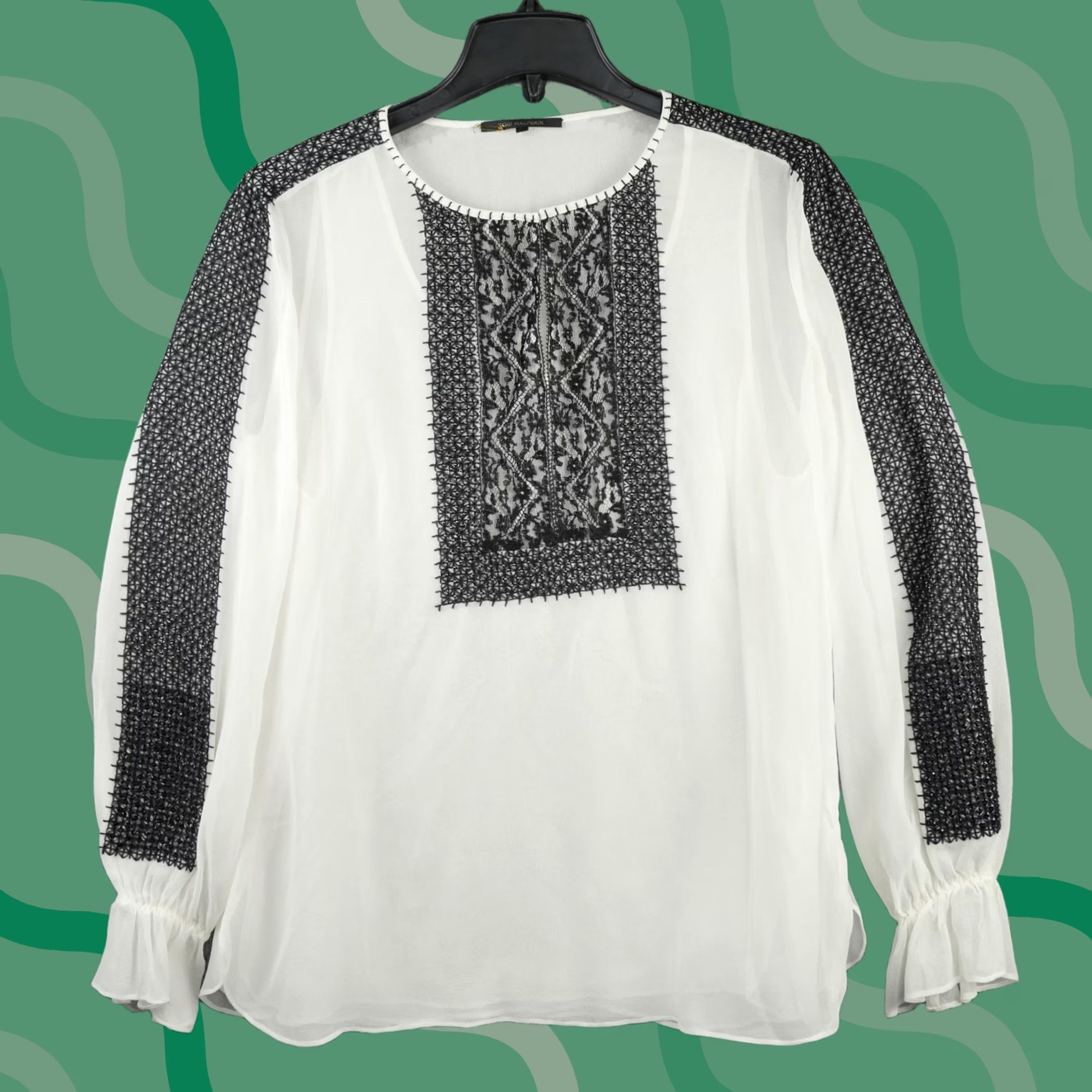 KOBI HALPERIN Kobi Halperin Blouse Womens Medium White Black Silk Lace Sheer Top Boho Size M / US 6-8 / IT 42-44 - 1 Thumbnail