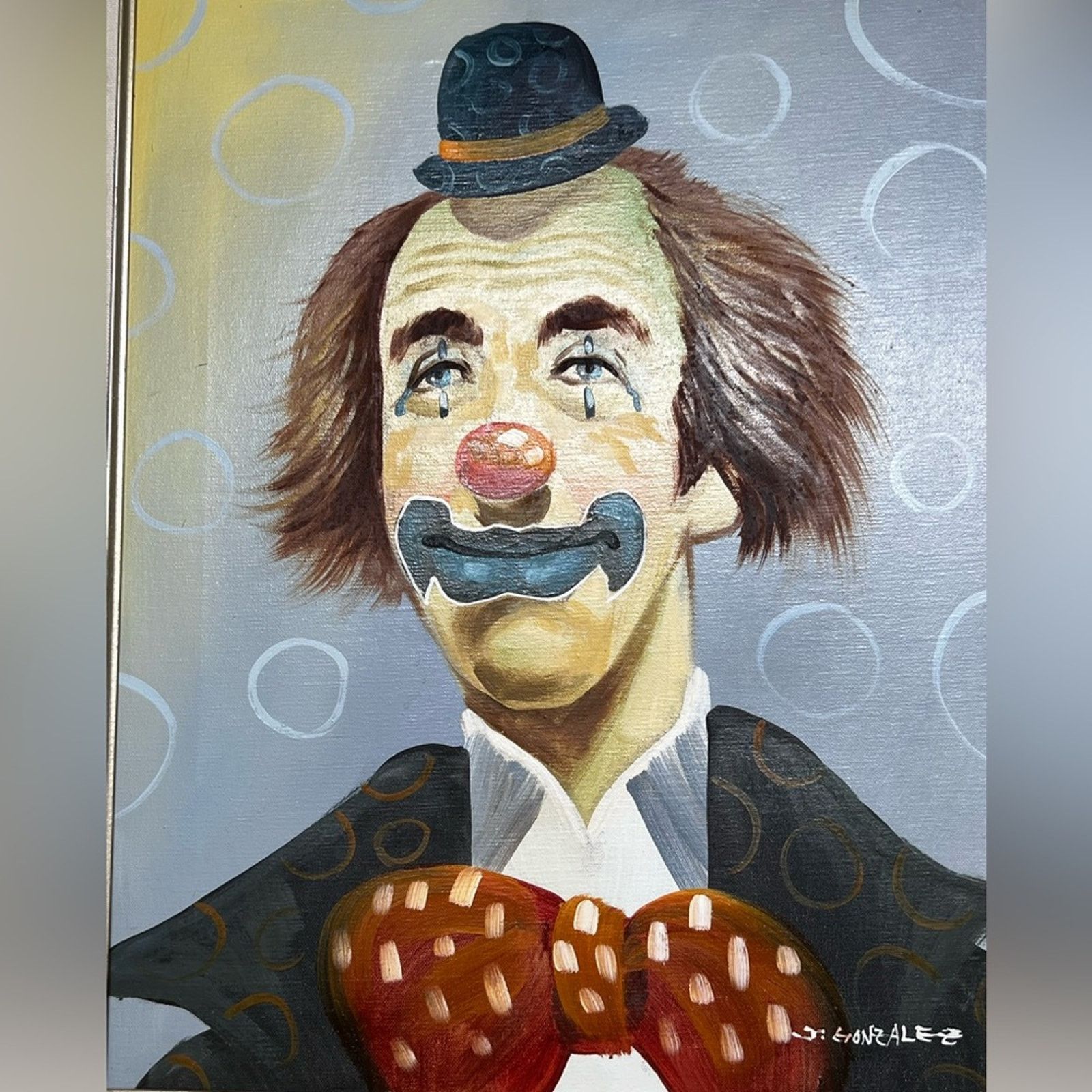 Vintage Vintage Signed J. Gonzalez Clown Oil Painting Canvas 19x25 Size ONE SIZE - 2 Thumbnail