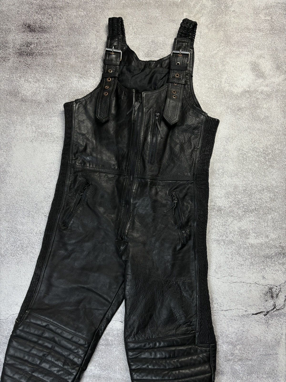 image of Genuine Leather Dungarees Pants Unisex Motorbike Biker Y2K in Black, Men's (Size 30)