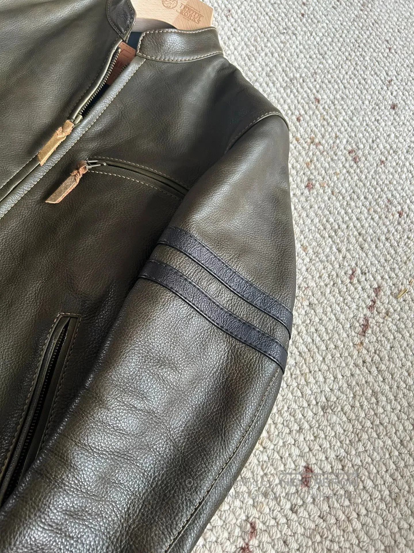 Japanese Brand olive green leather motorcycle jacket. Size US M / EU 48-50 / 2 - 2 Thumbnail